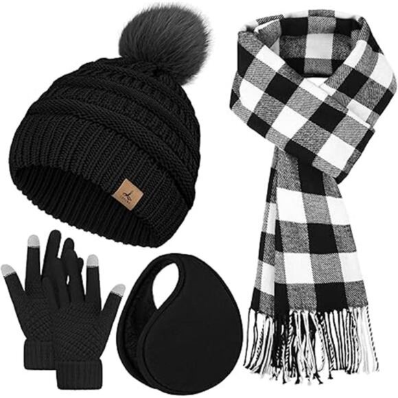 Winter Hat Scarf Gloves and Ear Warmer, Knit Warm Beanie Hat Touch Screen - Picture 7 of 7